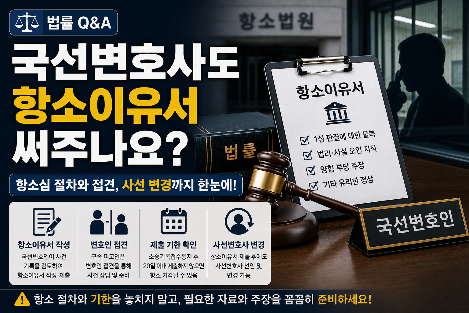 국선변호사도 항소이유서를 작성해줄까? 항소심 국선 선임부터 접견·사선 변경까지 알아둘 점