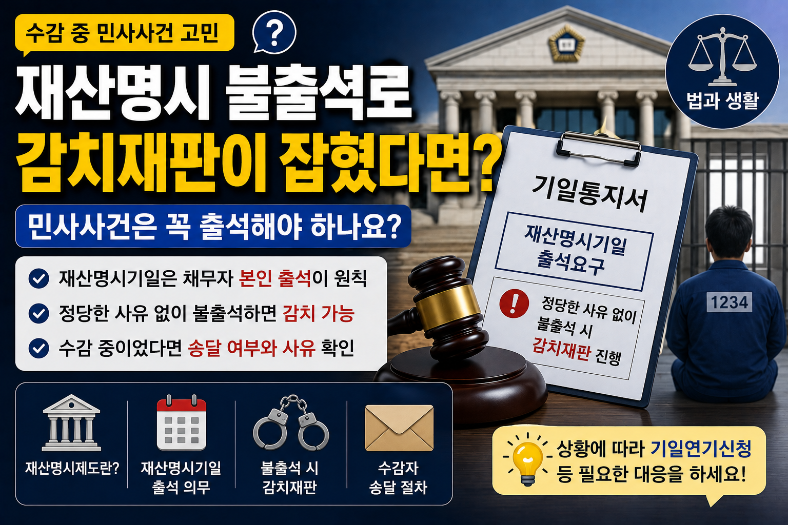 “수감 중인데 재산명시 불출석으로 감치재판이 잡혔어요”…교도소에 있어도 꼭 출석해야 할까