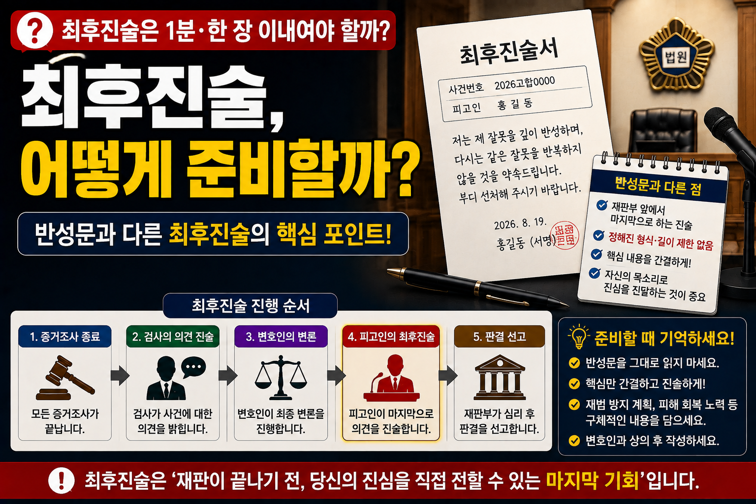 “최후진술은 1분 안에 끝내야 하나요?”…반성문과 다른 결심공판 마지막 발언, 어떻게 준비할까