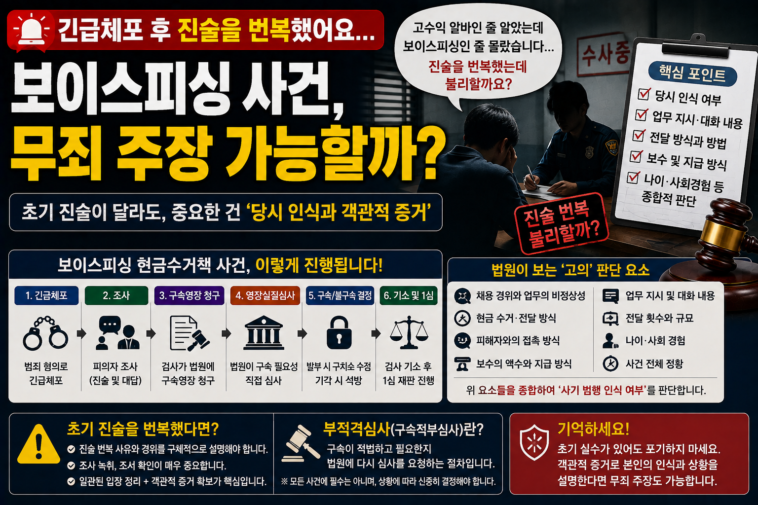 “보이스피싱인 줄 몰랐는데 조사 중 진술을 번복했습니다”…긴급체포 뒤 변호사 선임, 무죄 주장은 가능할까