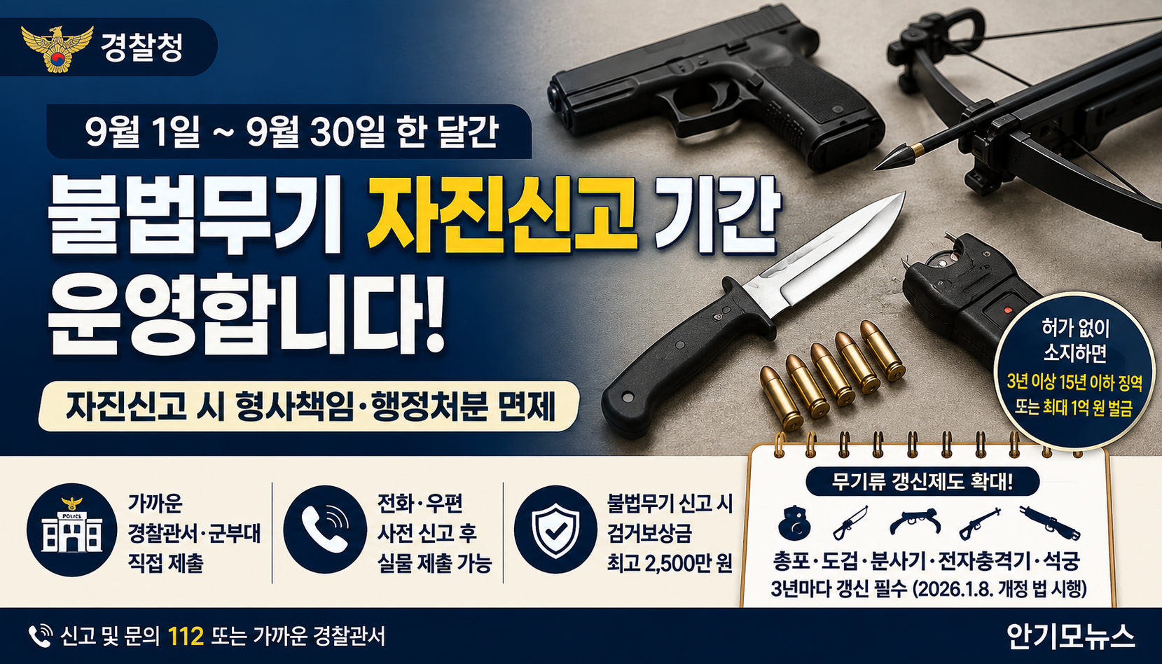 경찰청, 9월 한 달간 불법무기 자진신고 받는다…도검·전자충격기도 ‘3년마다 갱신’