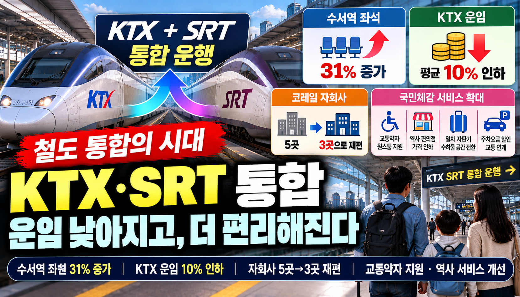 KTX·SRT 통합 운행 본격화…고속철도 운임 10% 인하·수서역 좌석 31% 확대