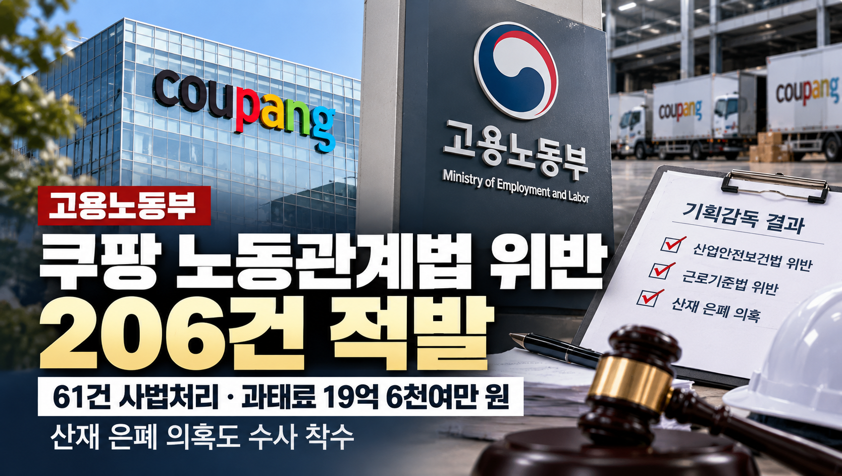 쿠팡 노동관계법 위반 206건 적발…61건 사법처리·과태료 19억 6000여만 원