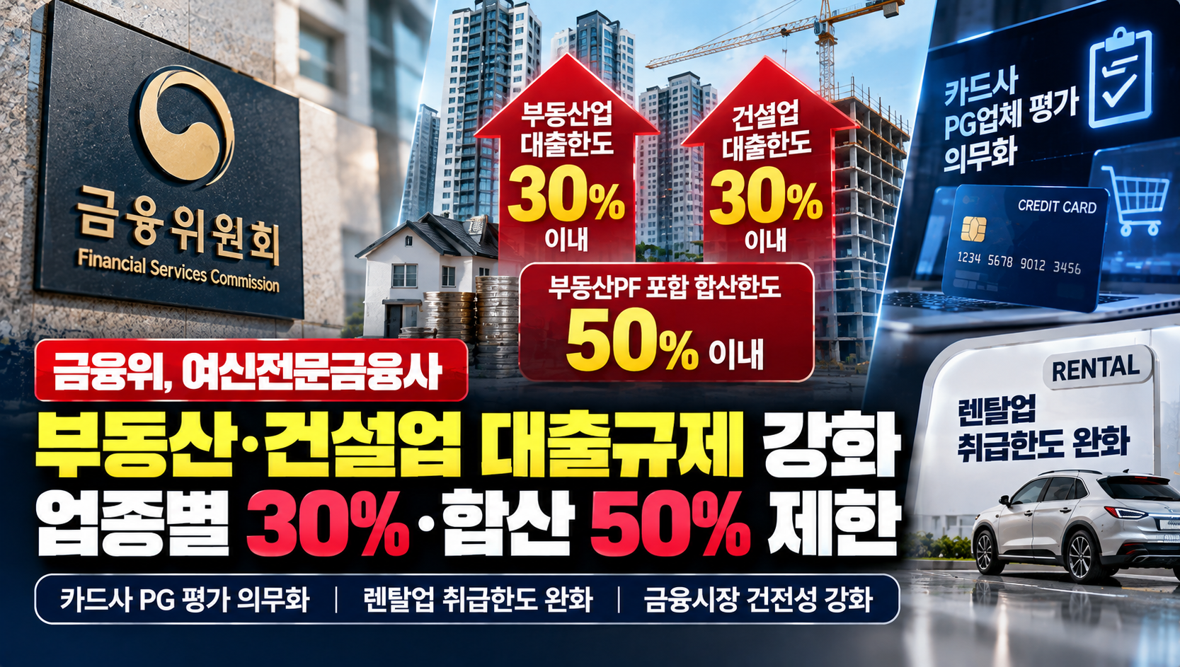 금융위, 부동산·건설업 대출 규제 강화…업종별 30% 제한·합산한도 50% 신설