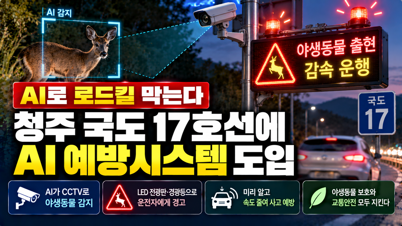 청주 국도 17호선에 AI 로드킬 예방시스템 도입…야생동물 감지해 운전자에게 경고